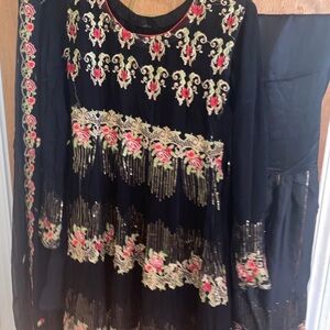 Elegant Navy Blue Floral Embroidered Sharara Dress